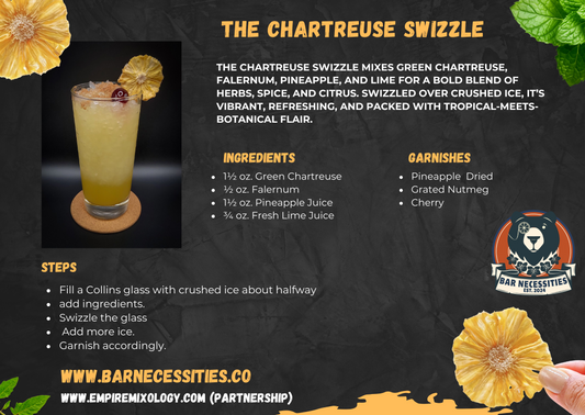 Chartreuse Swizzle over crushed ice with dehydrated pineapple wheel, nutmeg, and cherry – Bar Necessities recipe