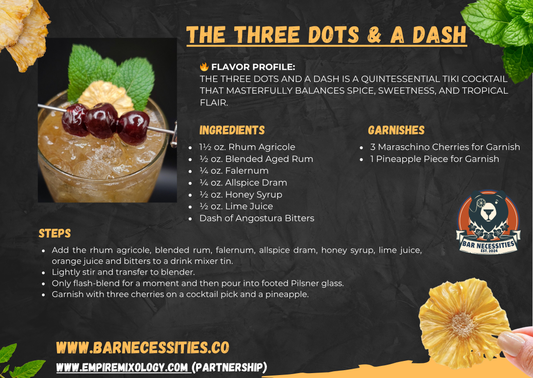 Three Dots and a Dash tiki cocktail with three cherries and dehydrated pineapple garnish – Bar Necessities recipe