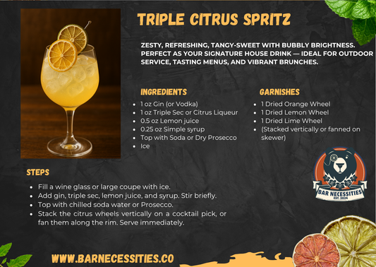 Triple Citrus Spritz with gin (or vodka), triple sec, lemon, and stacked dehydrated orange, lemon, and lime wheels – Bar Necessities recipe