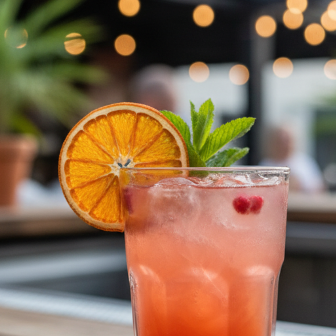 Cocktail garnished with dried lime, pineapple flower, and mint sprig – part of Bar Necessities’ dried fruit and herb pairings collection.
