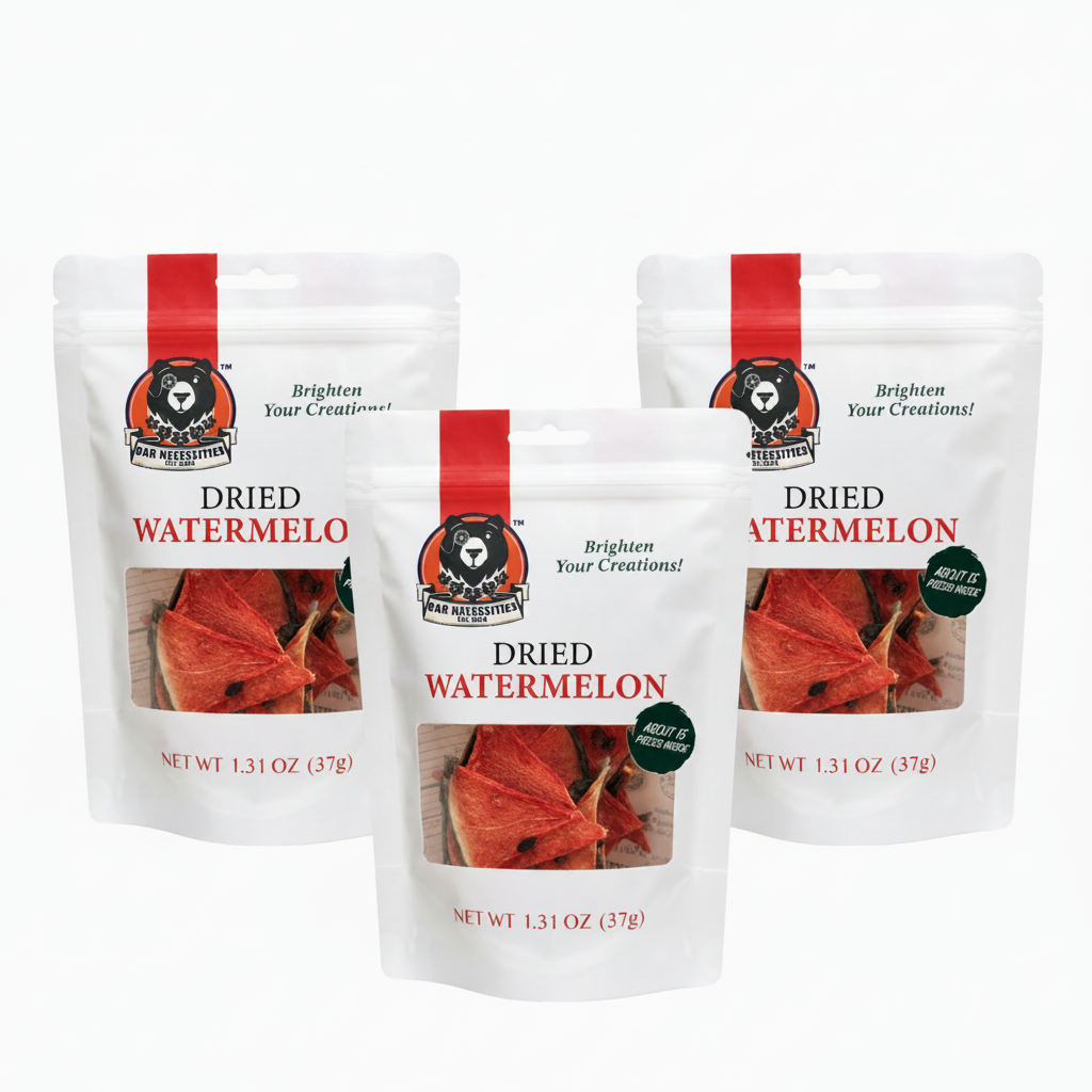 Three packs of dried watermelon with a brand logo on a white background