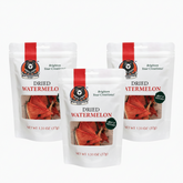 Three packs of dried watermelon with a brand logo on a white background