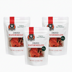 Three packs of dried watermelon with a brand logo on a white background