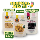 Dried tropical fruit trio with pineapple rings, mango strips, and red dragon fruit slices