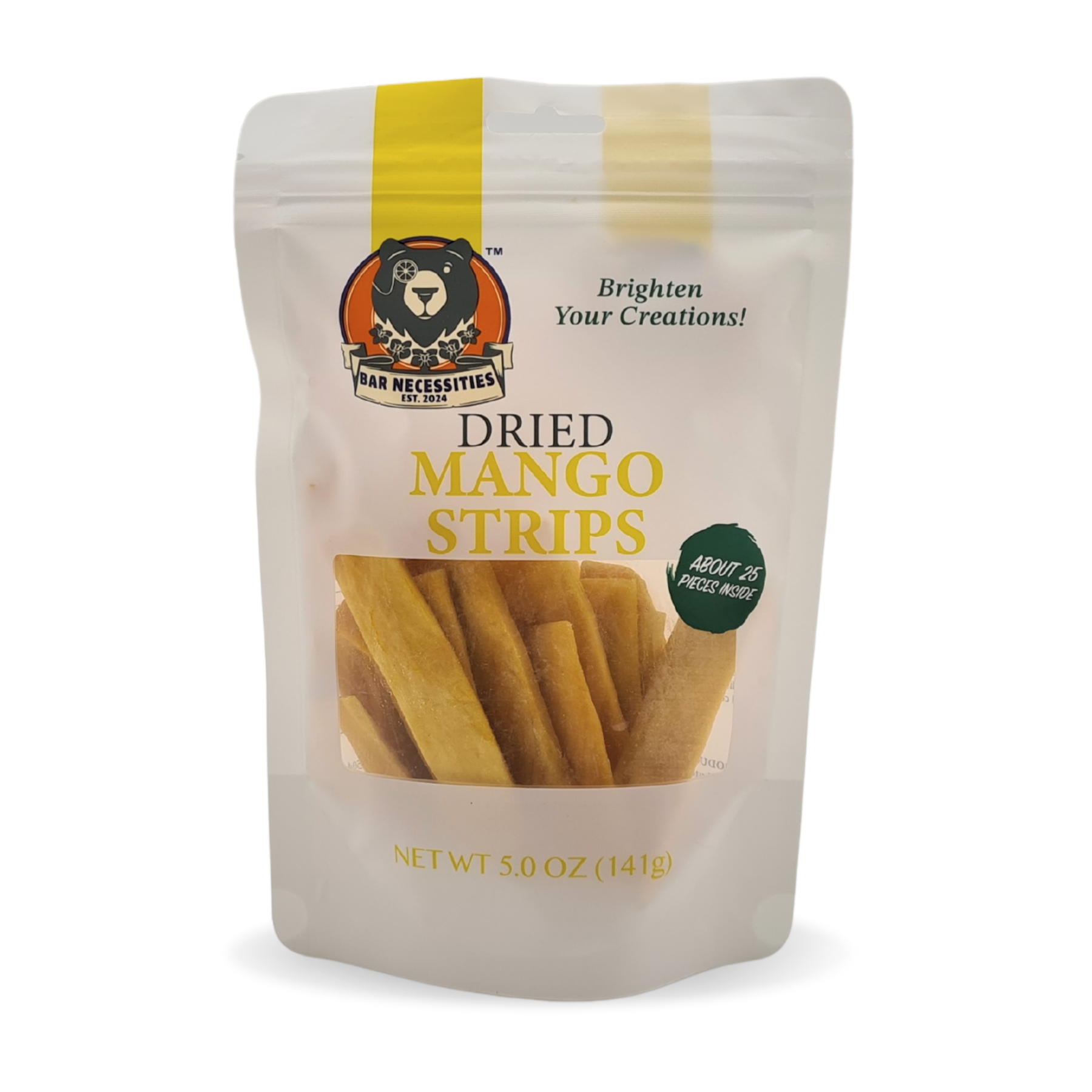 Resealable bags of dried mango strips perfect for cocktails, cakes, and food styling