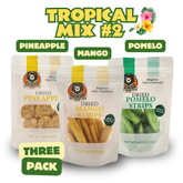 . Dried tropical fruit trio pack with baby pineapple, mango strips, and pomelo slices