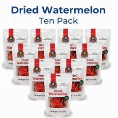Packaging of dried watermelon ten pack with red and white design.