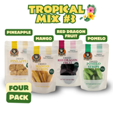 A 4-pack of premium dried fruit: pineapple, mango strips, red dragon fruit, and sweetened pomelo. Ideal for cocktails, garnishes, snacking, or gifts. Fresh, flavorful, and made for creative mixology.