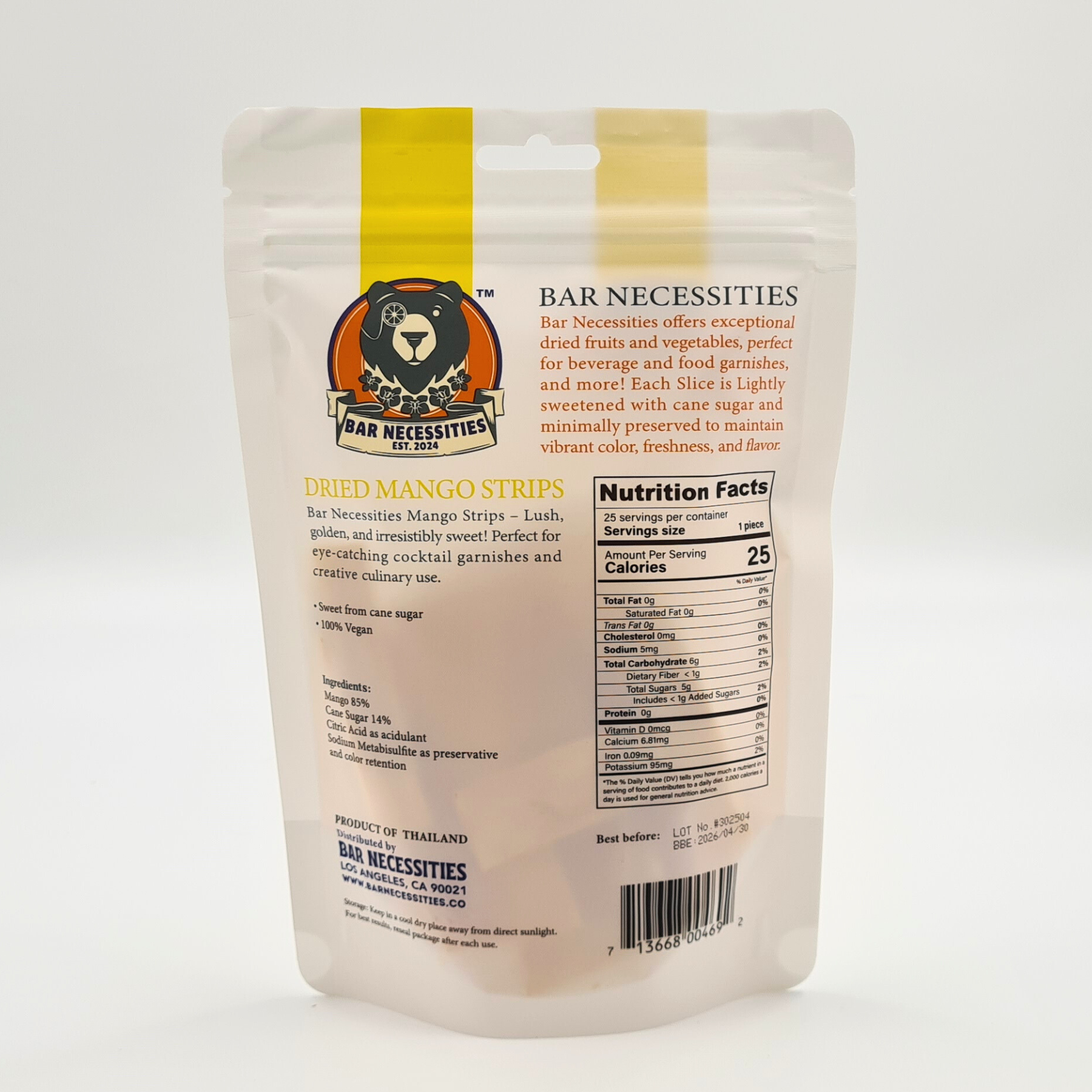 resealable bags of dried mango strips perfect for cocktails, cakes, and food styling. Bar Necessities