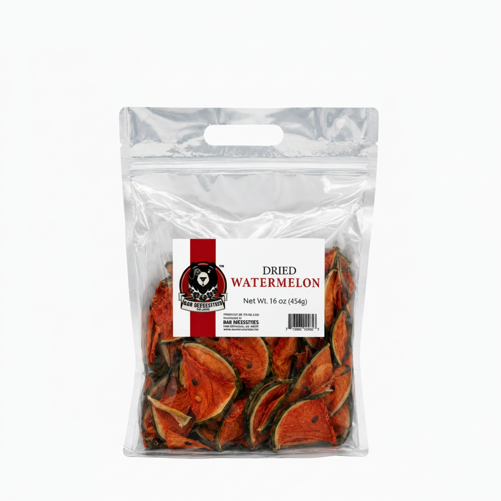 Packaged dried watermelon with a label on a white background