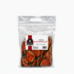 Packaged dried watermelon with a label on a white background