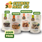 Bar Necessities Citrus Mix #3 – four-pack of dried lime, orange, grapefruit, and lemon slices in resealable bags. Perfect for cocktail garnishes, charcuterie boards, drink kits, and premium citrus-themed gift sets.