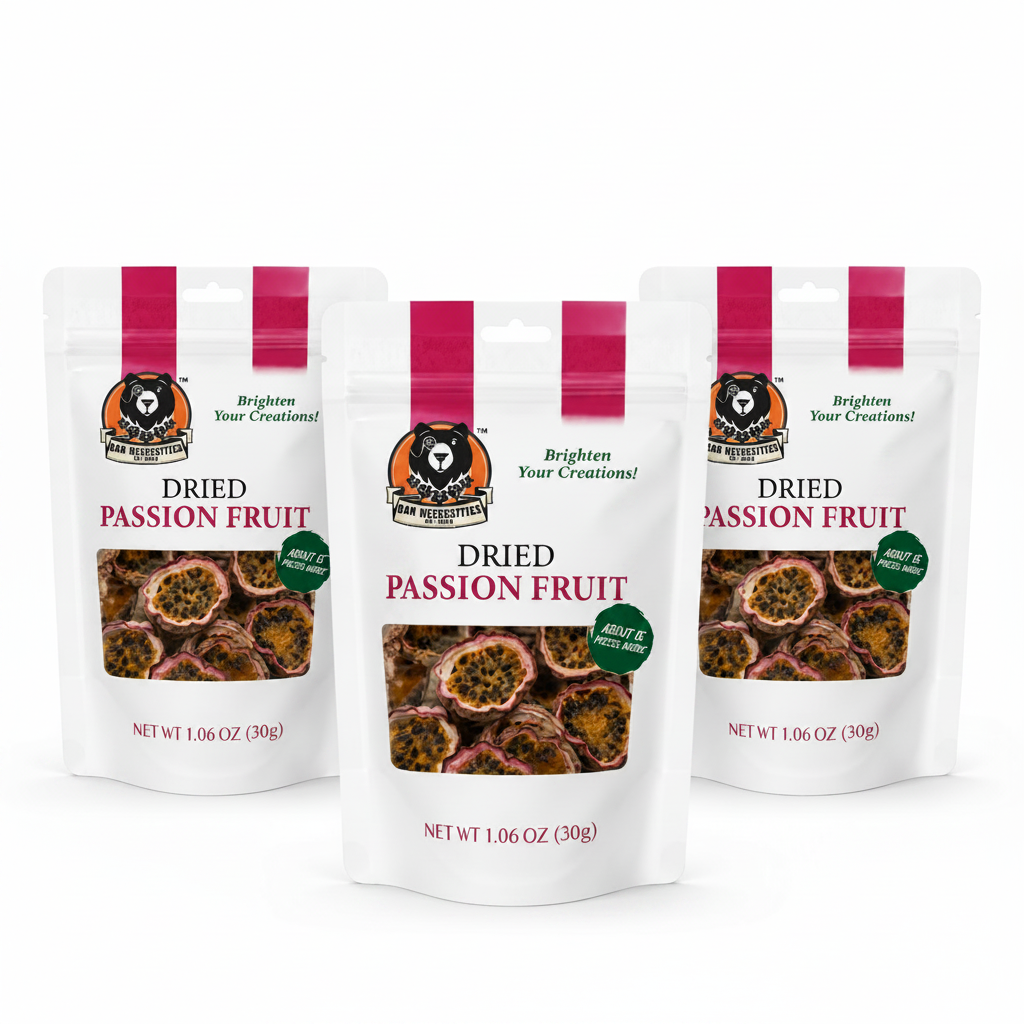 Three packs of dried passion fruit with a brand logo on a white background