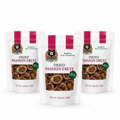 Three packs of dried passion fruit with a brand logo on a white background