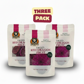 Three packs of dried red dragon fruit with a 'Three Pack' label on a white background.