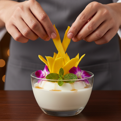 Person garnishing a dessert with dried mango strips and purple flowers in a glass bowl.