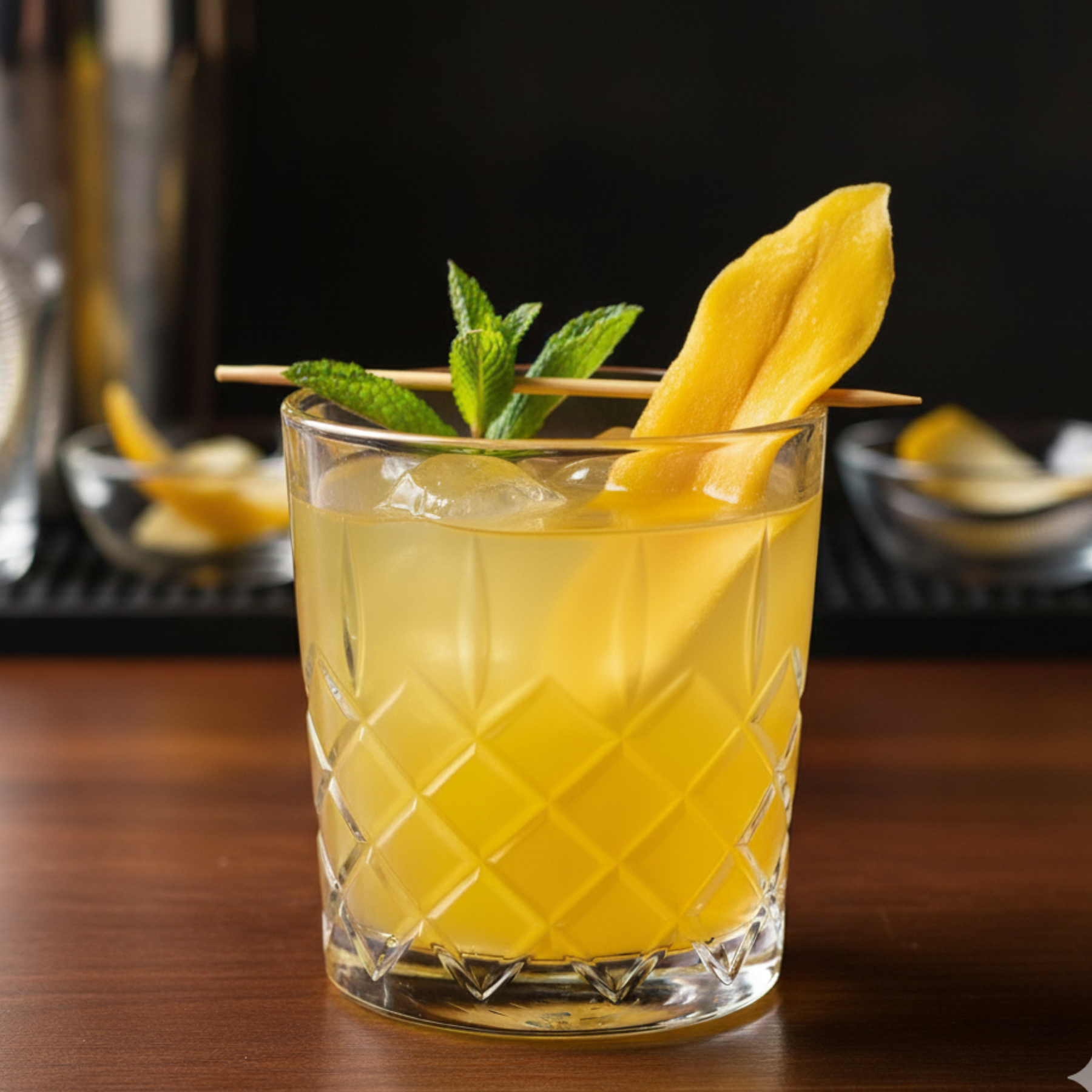 Glass of yellow cocktail with Mango strip slices and mint leaf on a wooden surface
