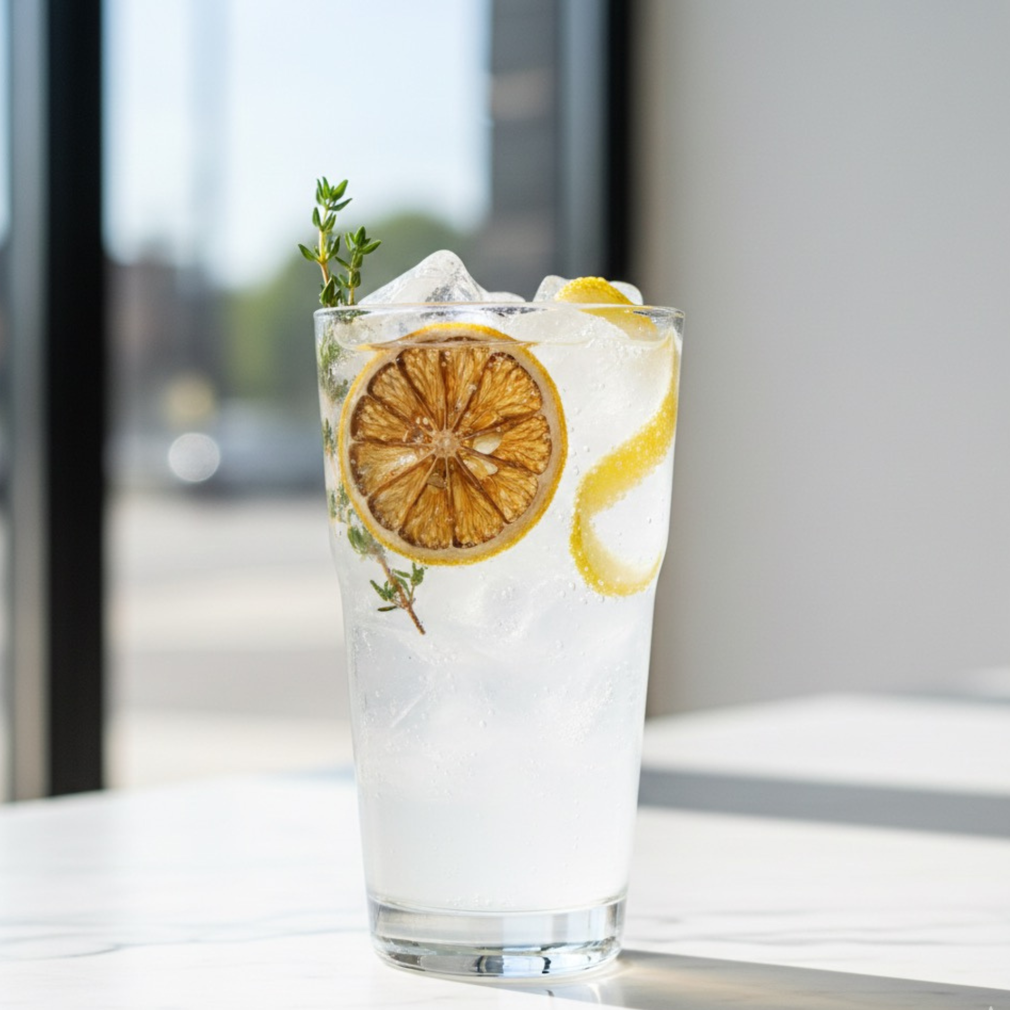 Glass of lemonade with lemon slices and ice cubes on a blurred background