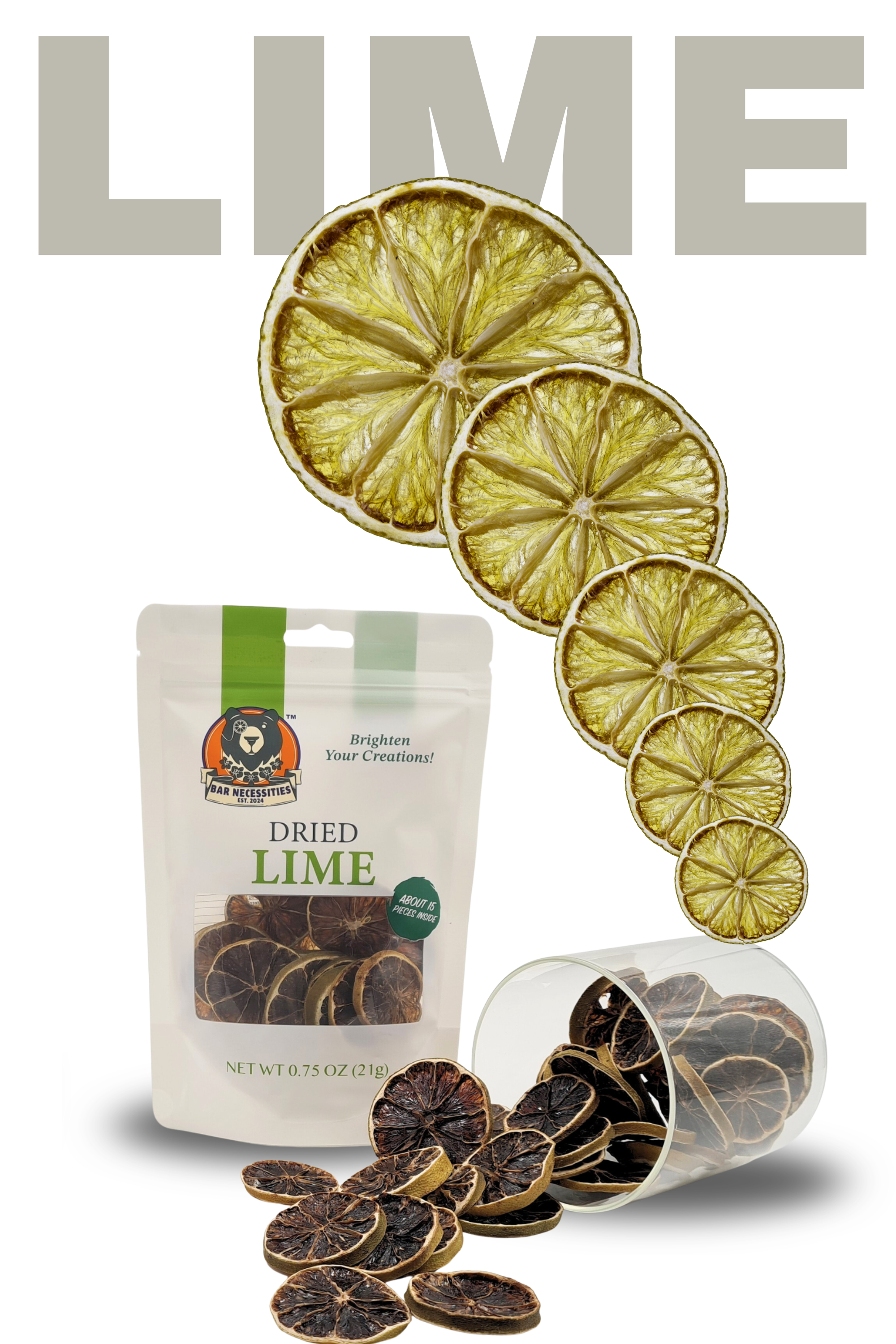 Dried lime slices with packaging on a white background