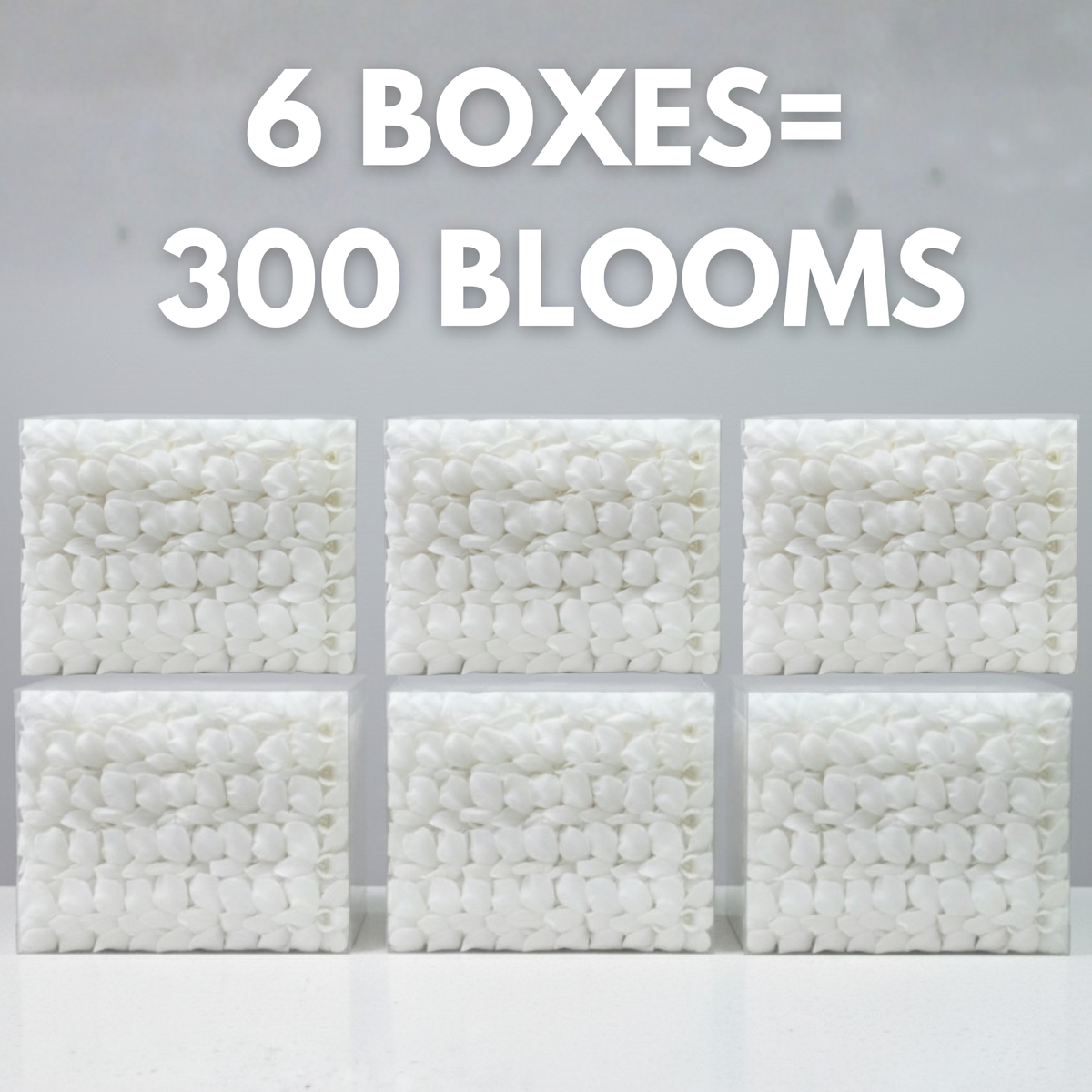 Six boxes of white floral foam with text indicating 300 blooms per six boxes.