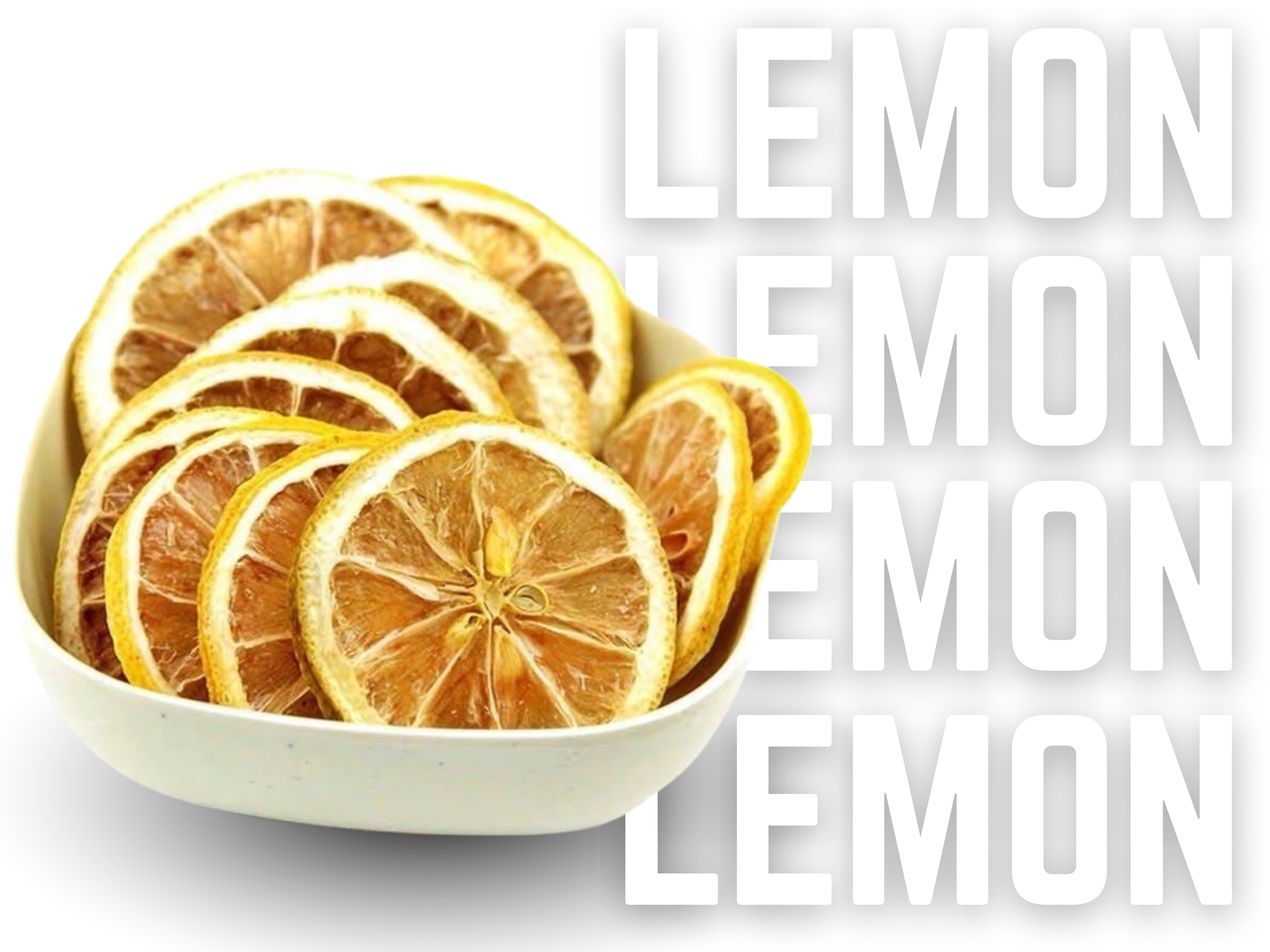 Dried lemon slices in a bowl with 'LEMON' text overlay on a white background