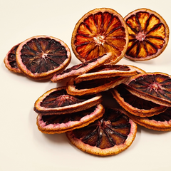 Bold ruby red blood orange slices, naturally dried for charcuterie boards, baking, and mixology