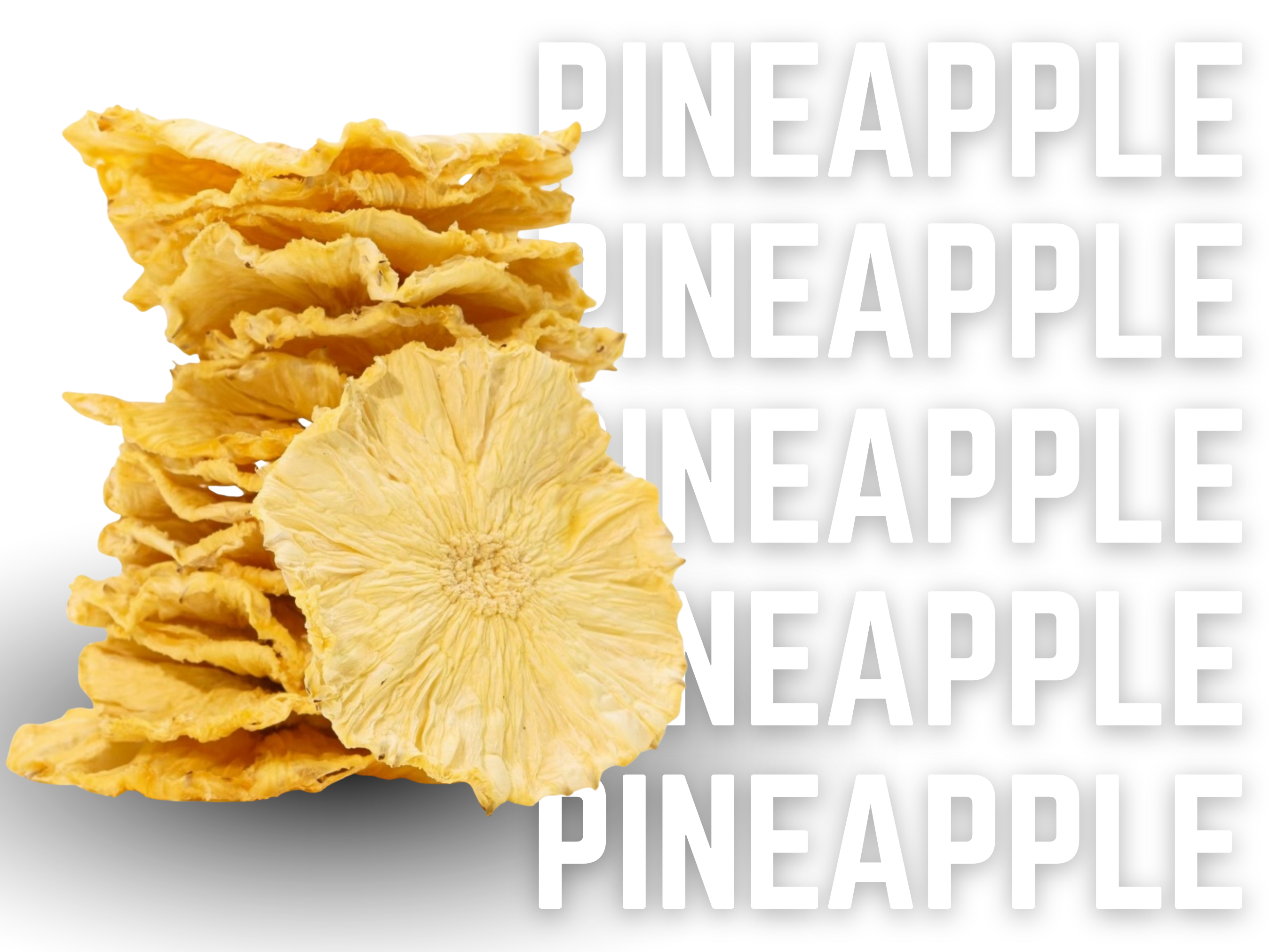 Dried pineapple slices with the word 'PINEAPPLE' repeated on a white background. Bar Necessities