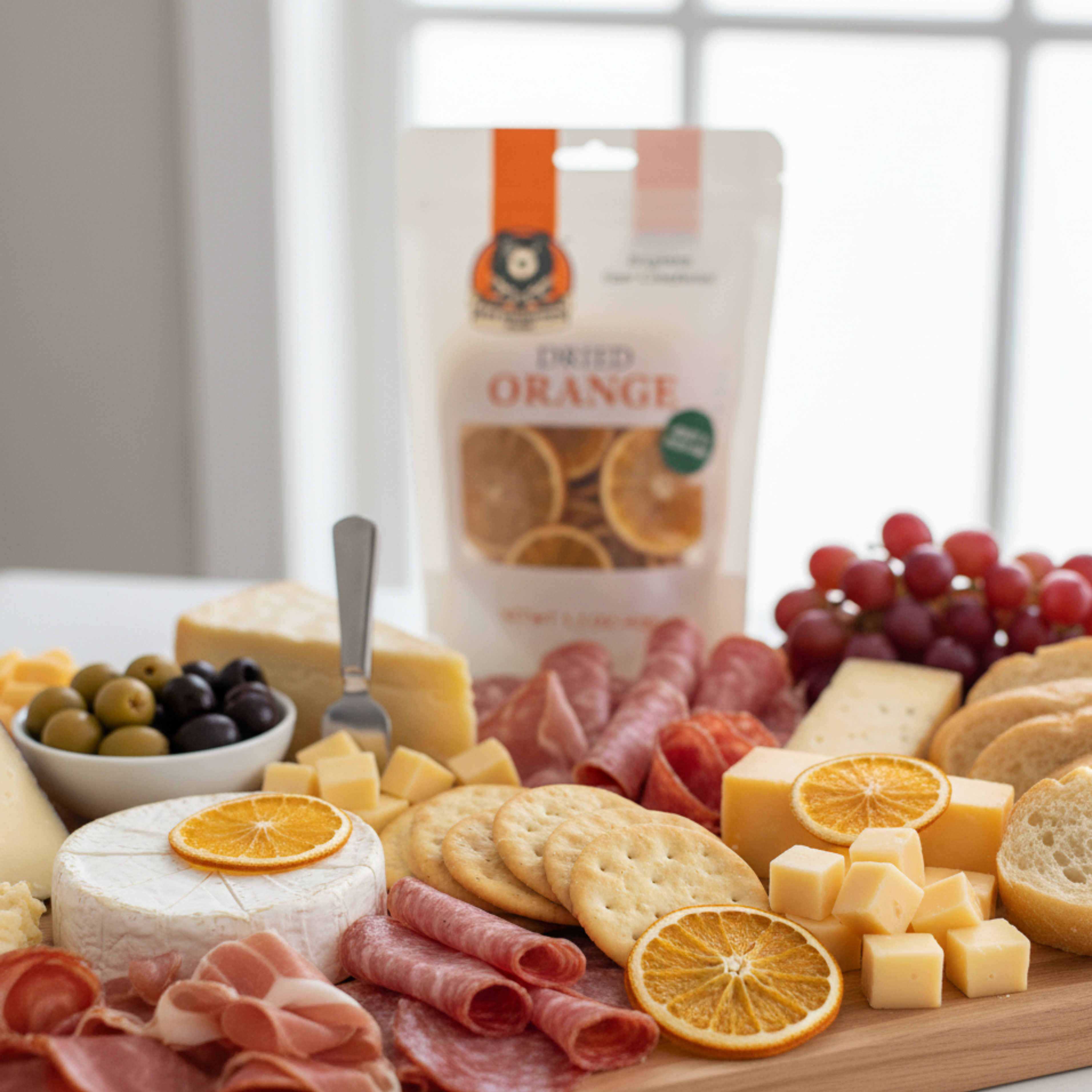 Assorted charcuterie board with dried oranges, cheese, and meats on a wooden board.