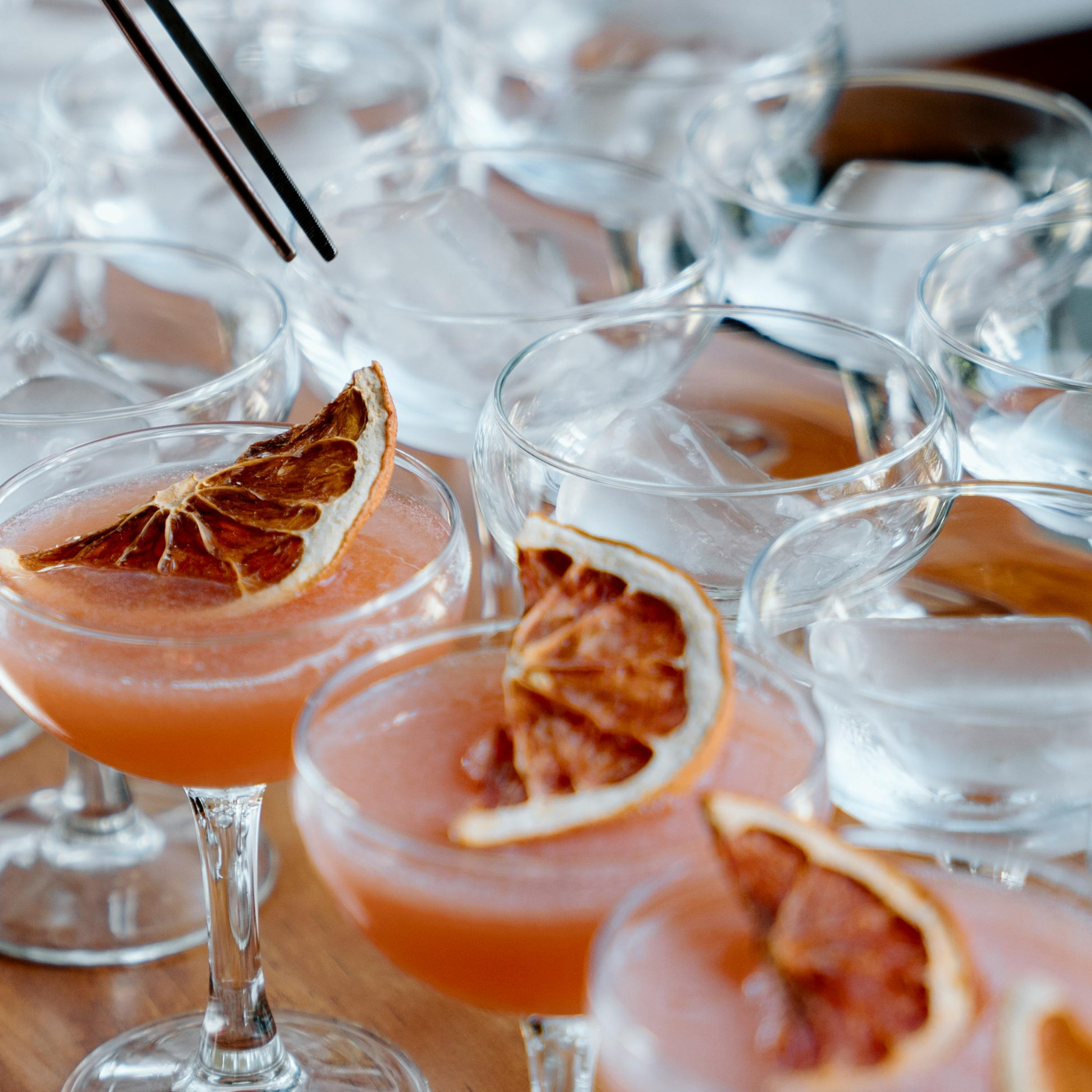 Freshmaker Cocktail Elegant pink cocktails garnished with dried citrus wheels, arranged in ...