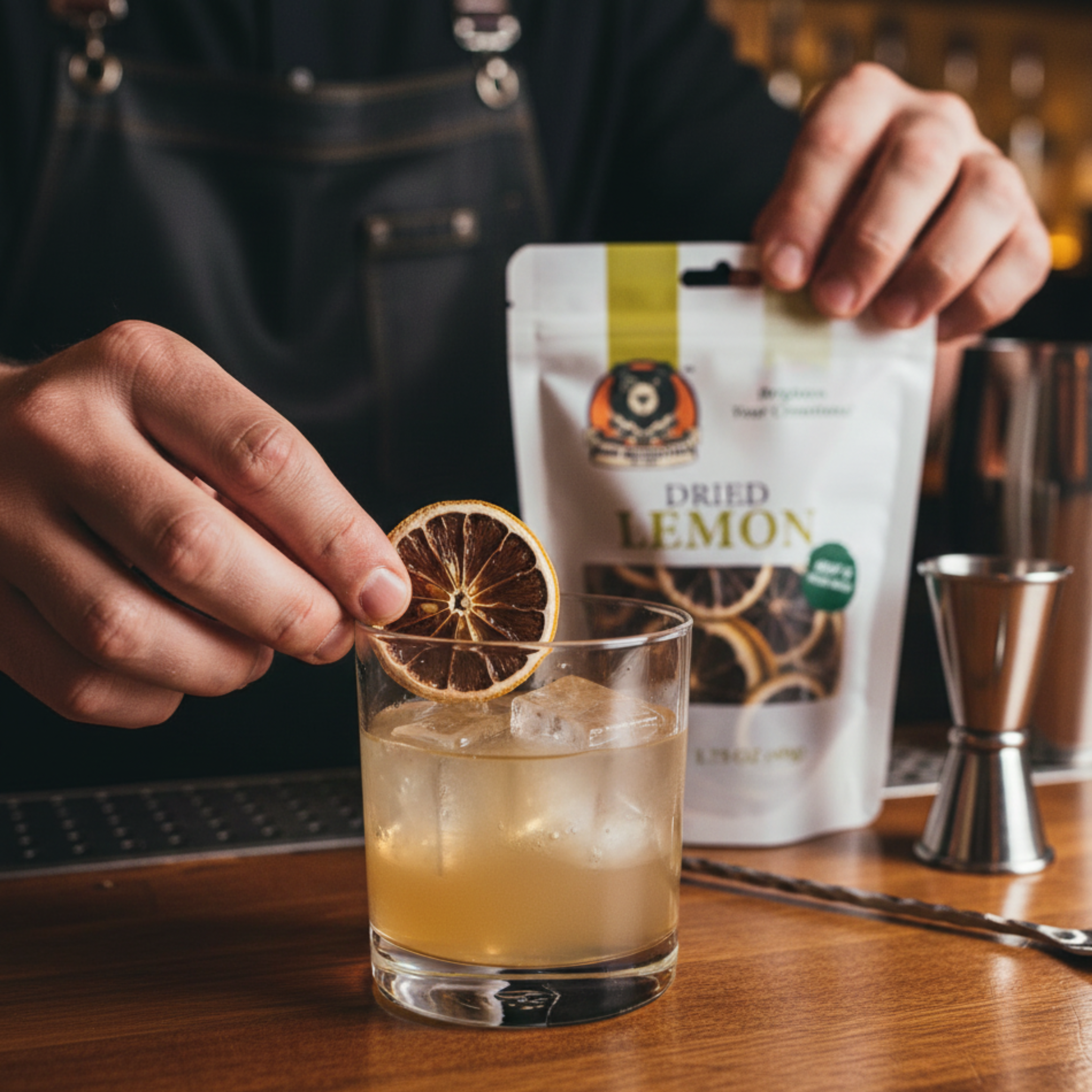 Person garnishing a cocktail with a dried lemon slice, with a bag of dried lemon in the background.