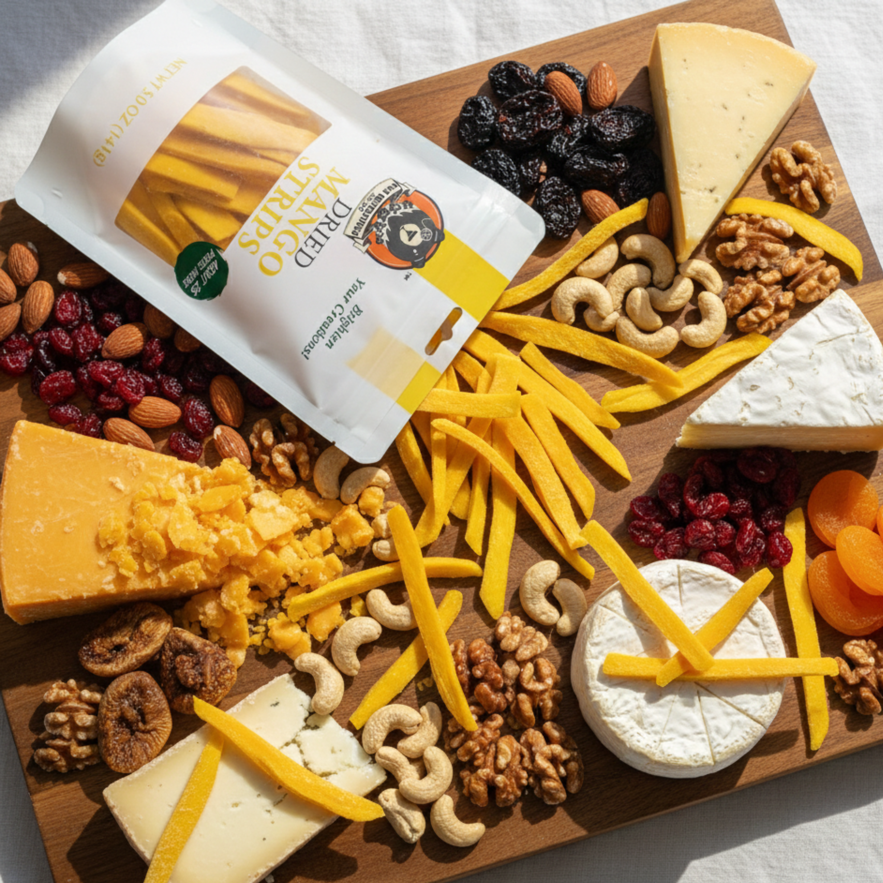 Wooden board with cheese, nuts, dried fruits, and a package of mango sticks on a white cloth 