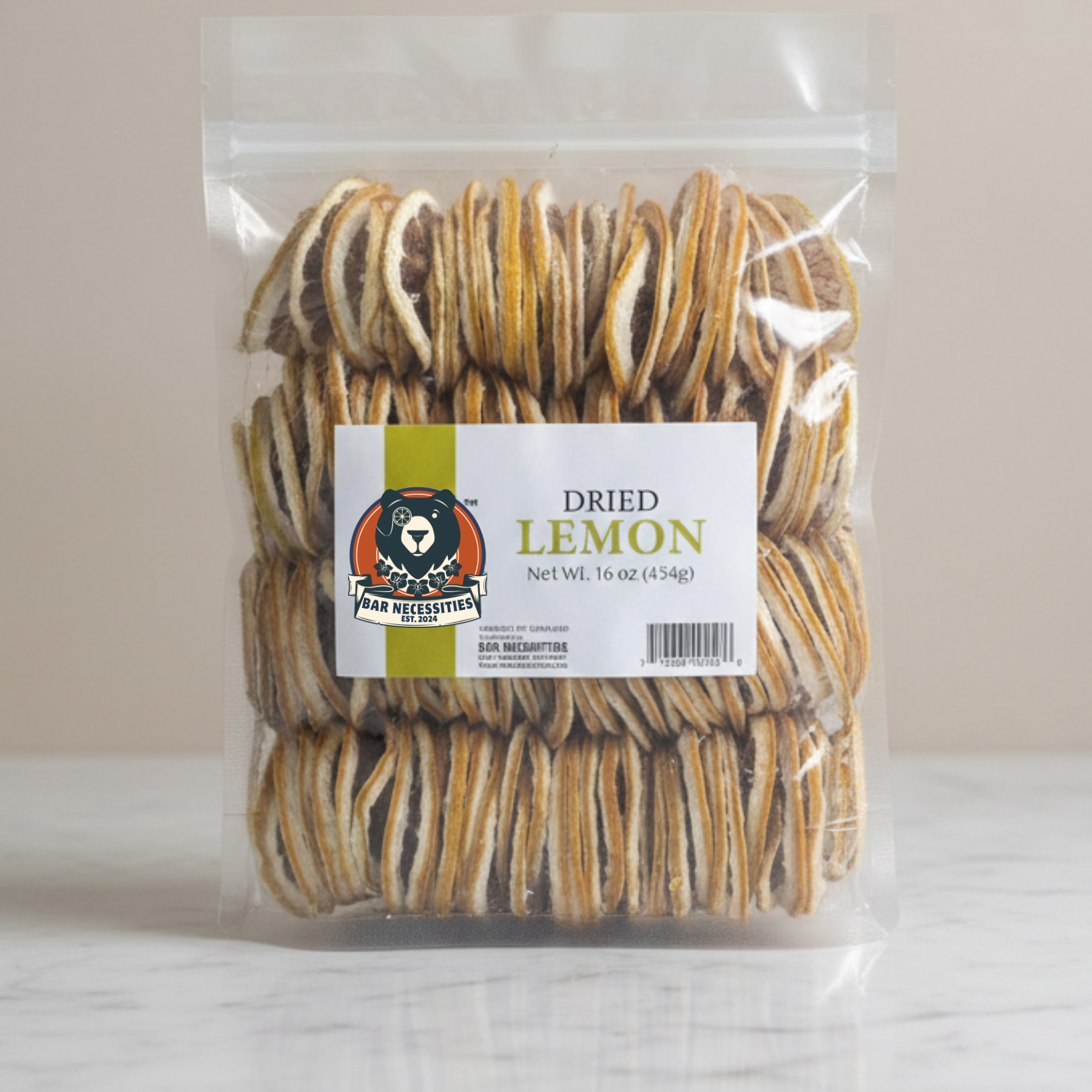 Packaged dried lemons with a label on a light background