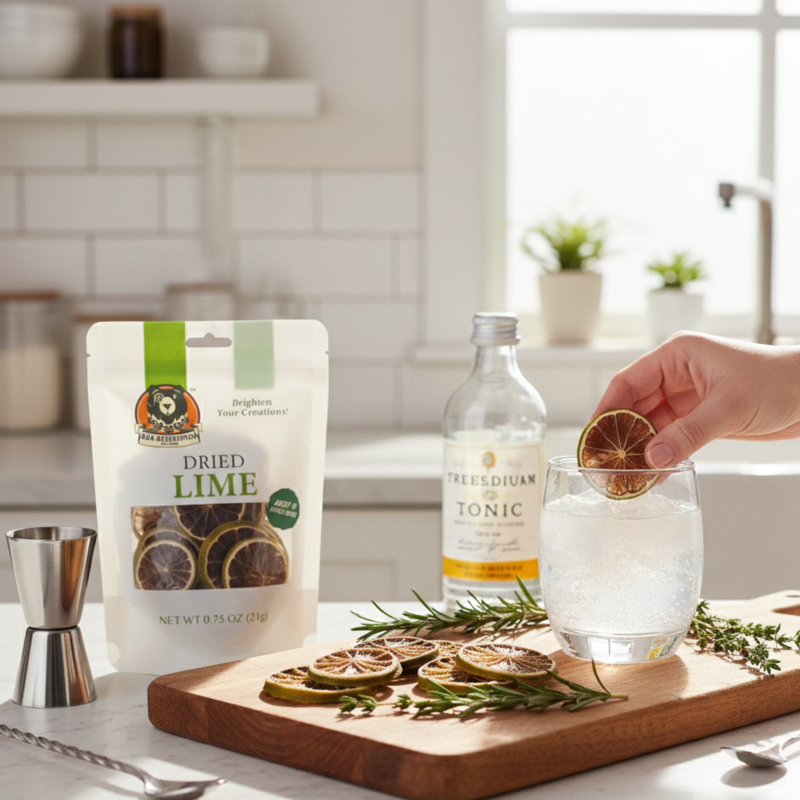Person preparing a drink with dried lime and tonic water in a kitchen setting