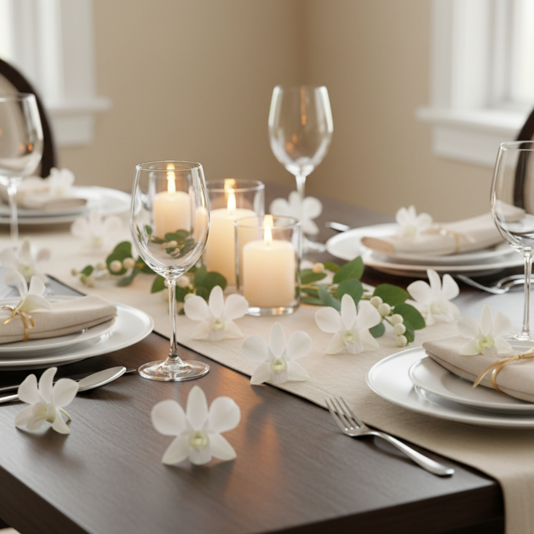 Elegant dinner table setting with white flowers, candles, and glassware.