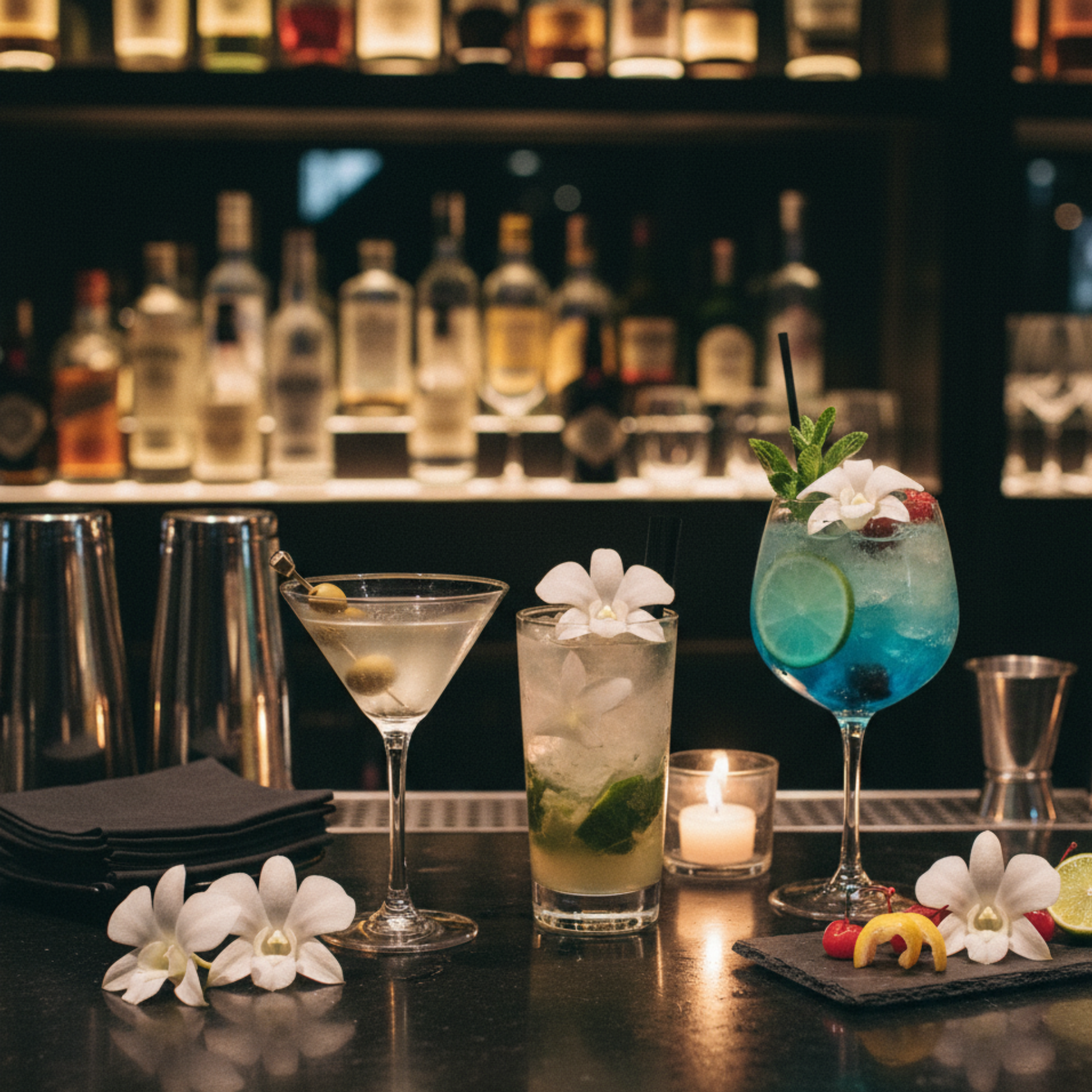 Assorted cocktails on a bar with flowers and candles