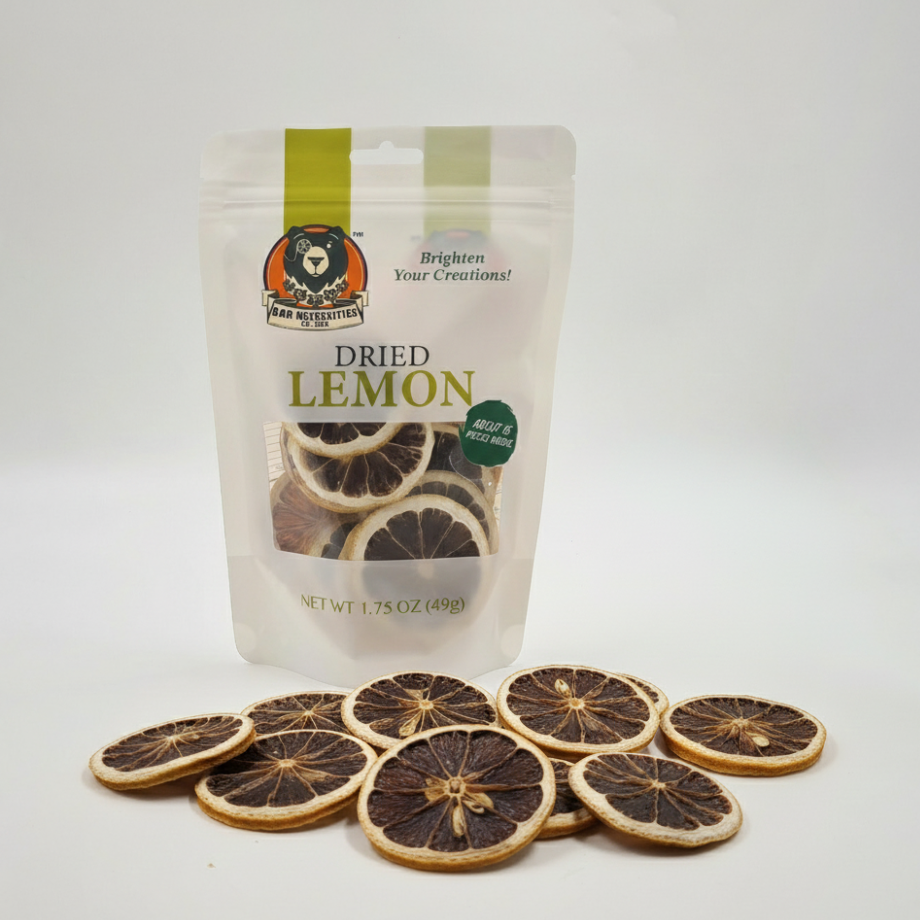 Bag of dried lemon slices with lemon slices in front on a white background