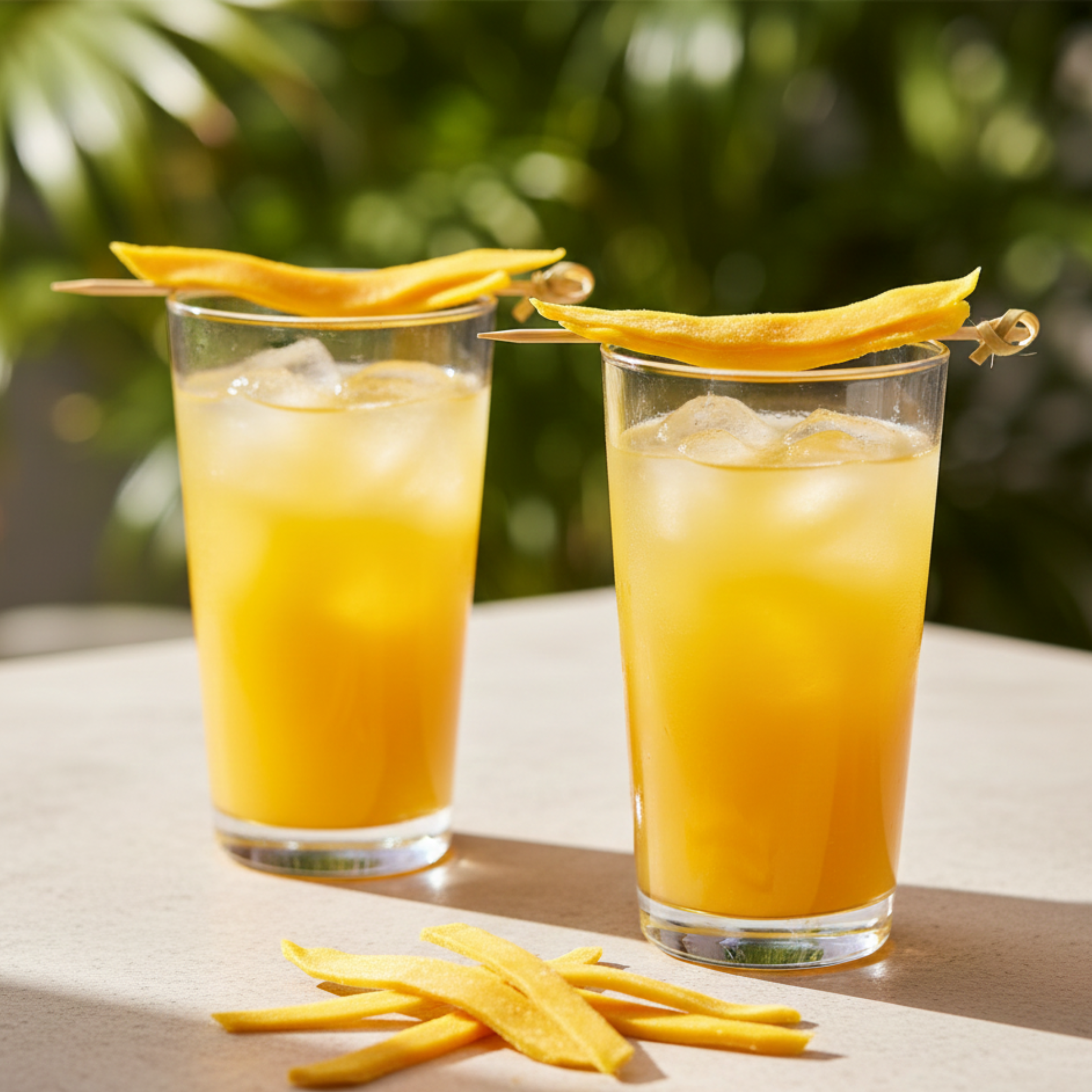 Two glasses of orange juice with ice and mango slices on a table outdoors.
