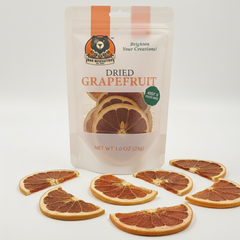 Bag of dried grapefruit slices with a brand logo on a white background