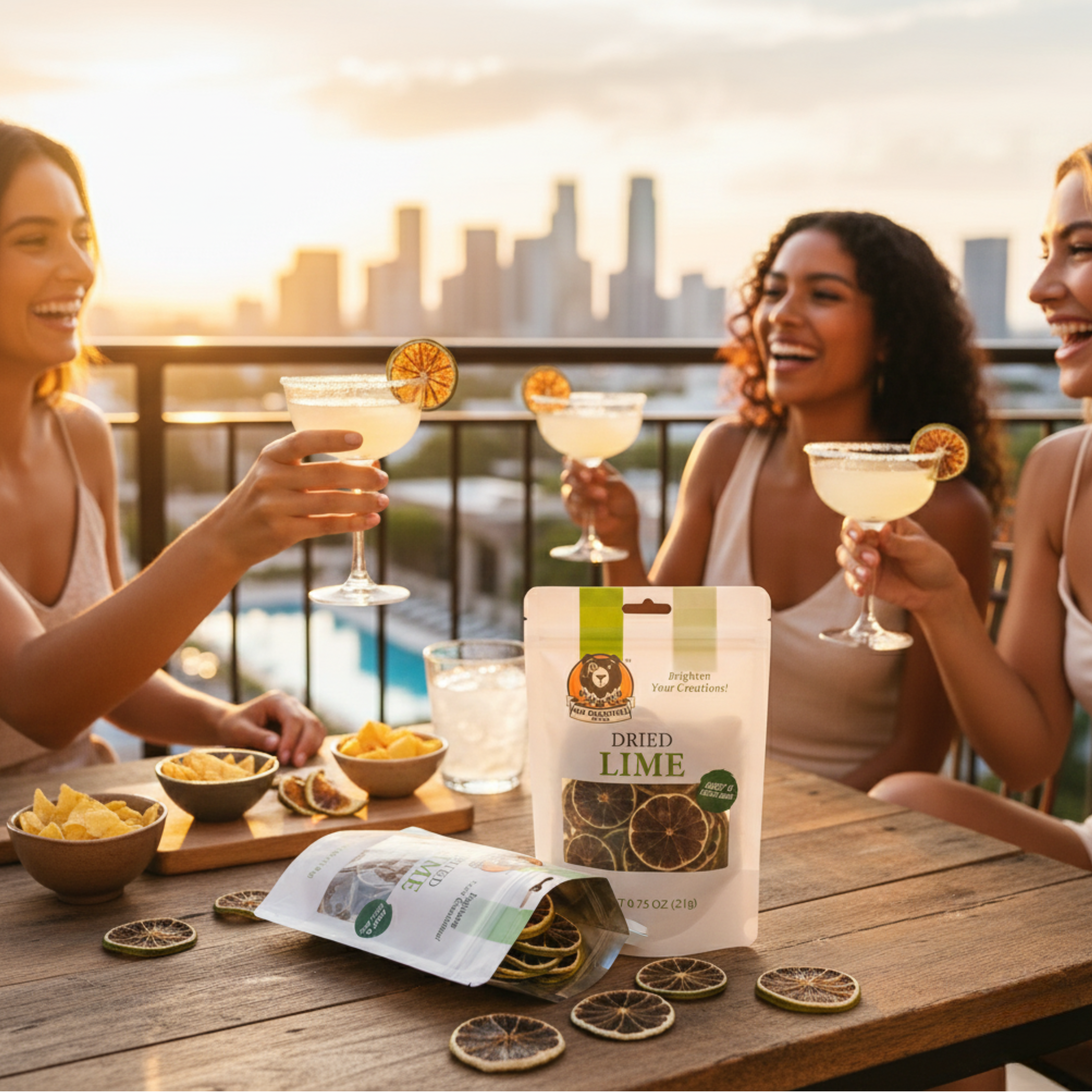 Three women enjoying cocktails on a rooftop with dried lime package in the foreground.
