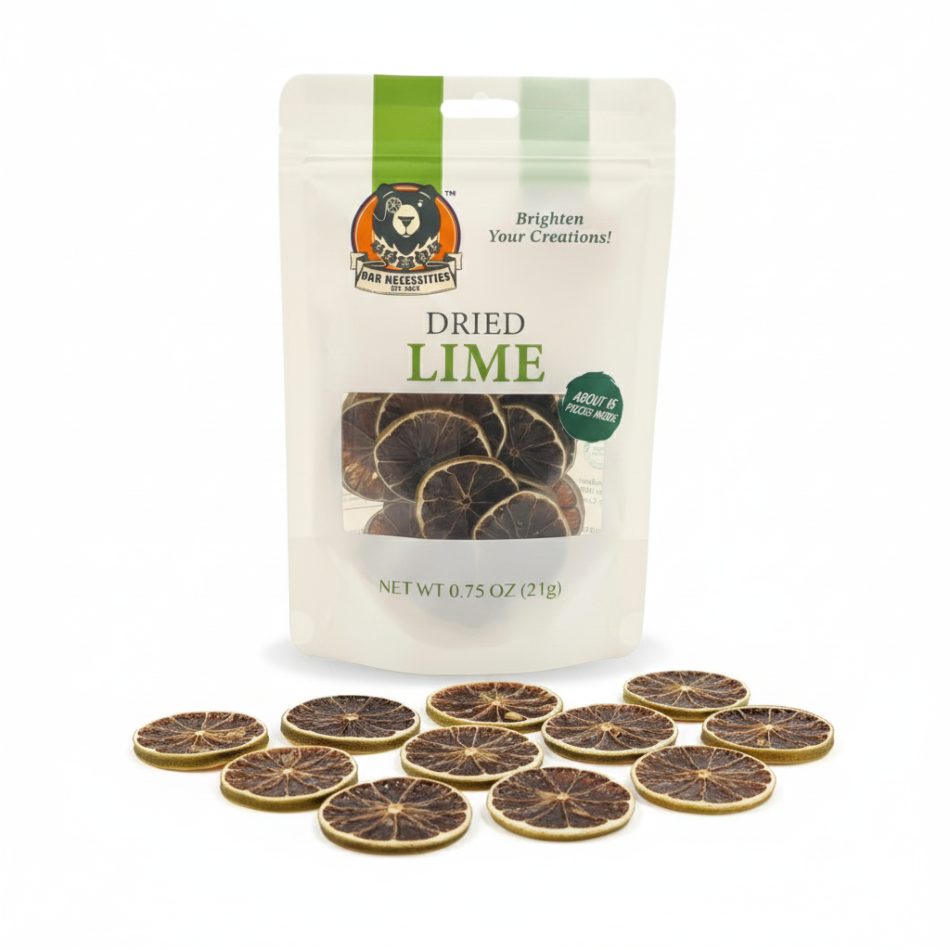 Bag of dried lime slices with a brand logo on a white background
