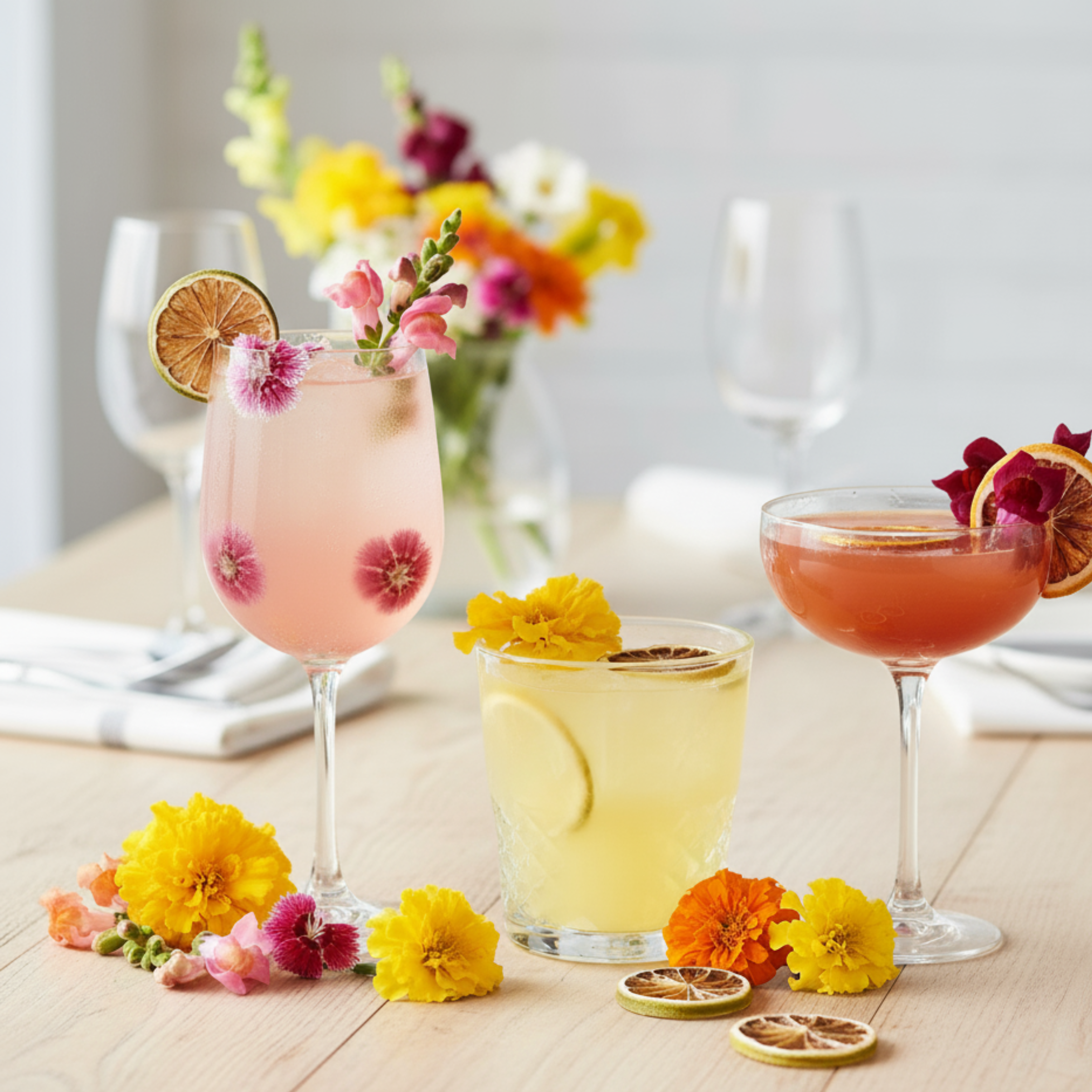 Three vibrant brunch cocktails styled with colorful meadow flowers and dried citrus slices on a wooden table. Includes pink, yellow, and red drinks garnished with blossoms and dried orange wheels, set against a bright floral background for a spring brunch aesthetic.