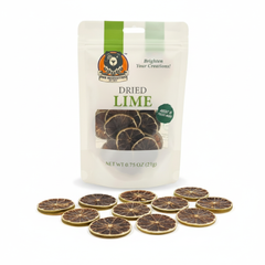Bag of dried lime slices with a brand logo on a white background