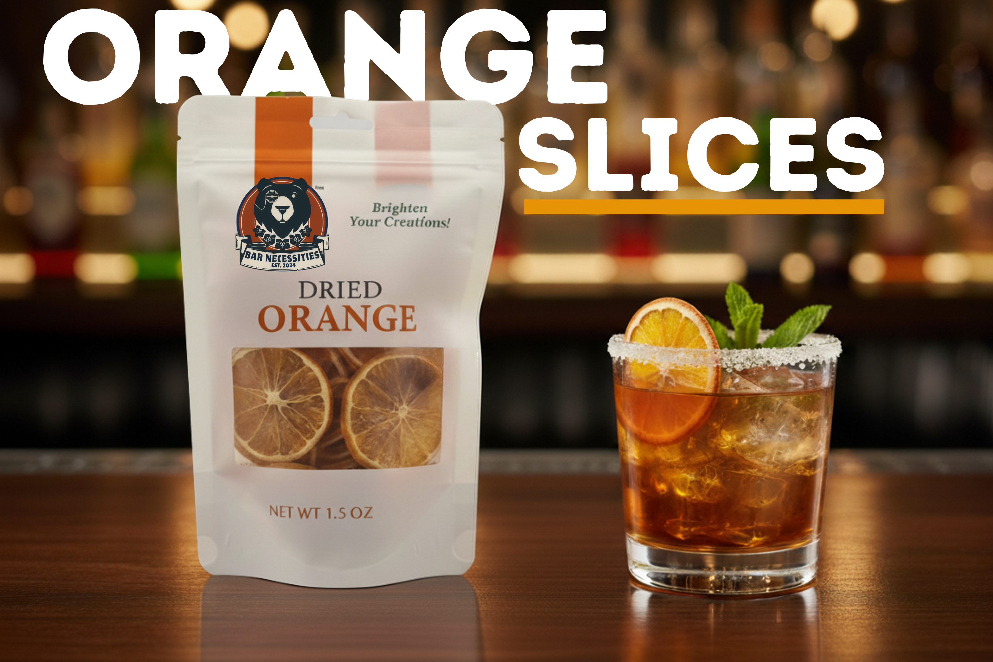 Packaged dried orange slices next to a cocktail with an orange slice on a bar.