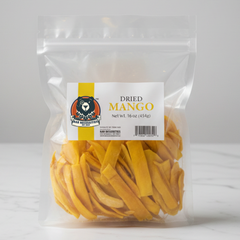 Bag of dried mangoes with a label on a white background