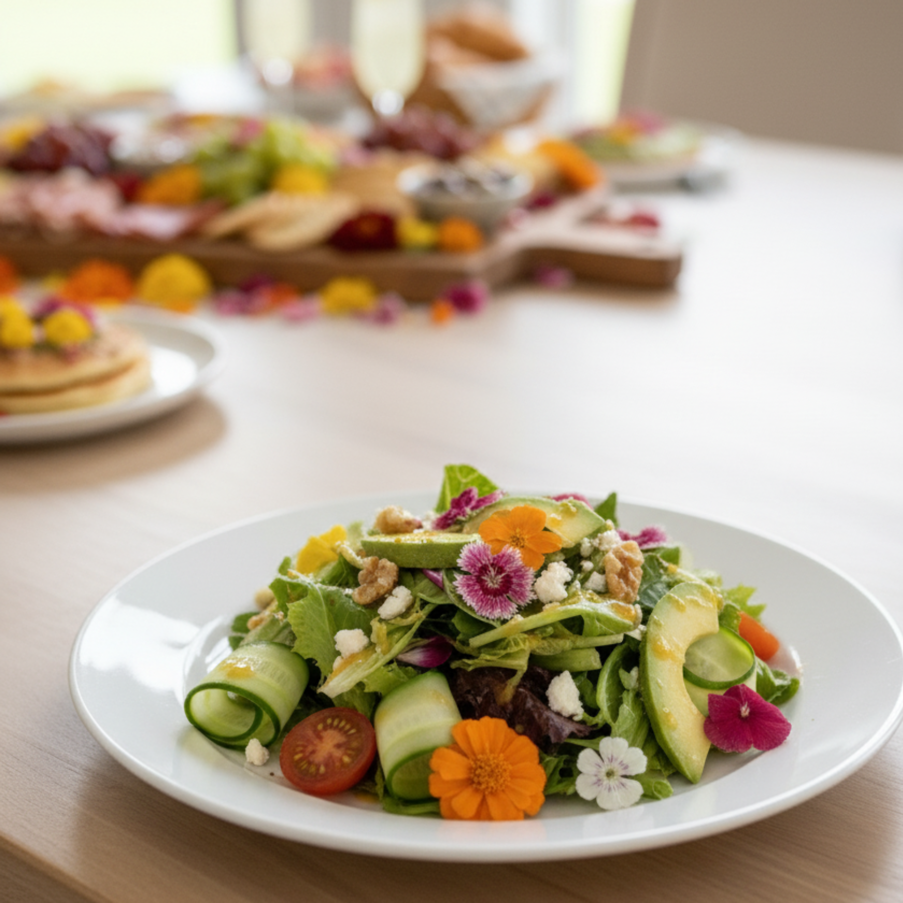 Colorful salad on a plate with a blurred background of other dishes