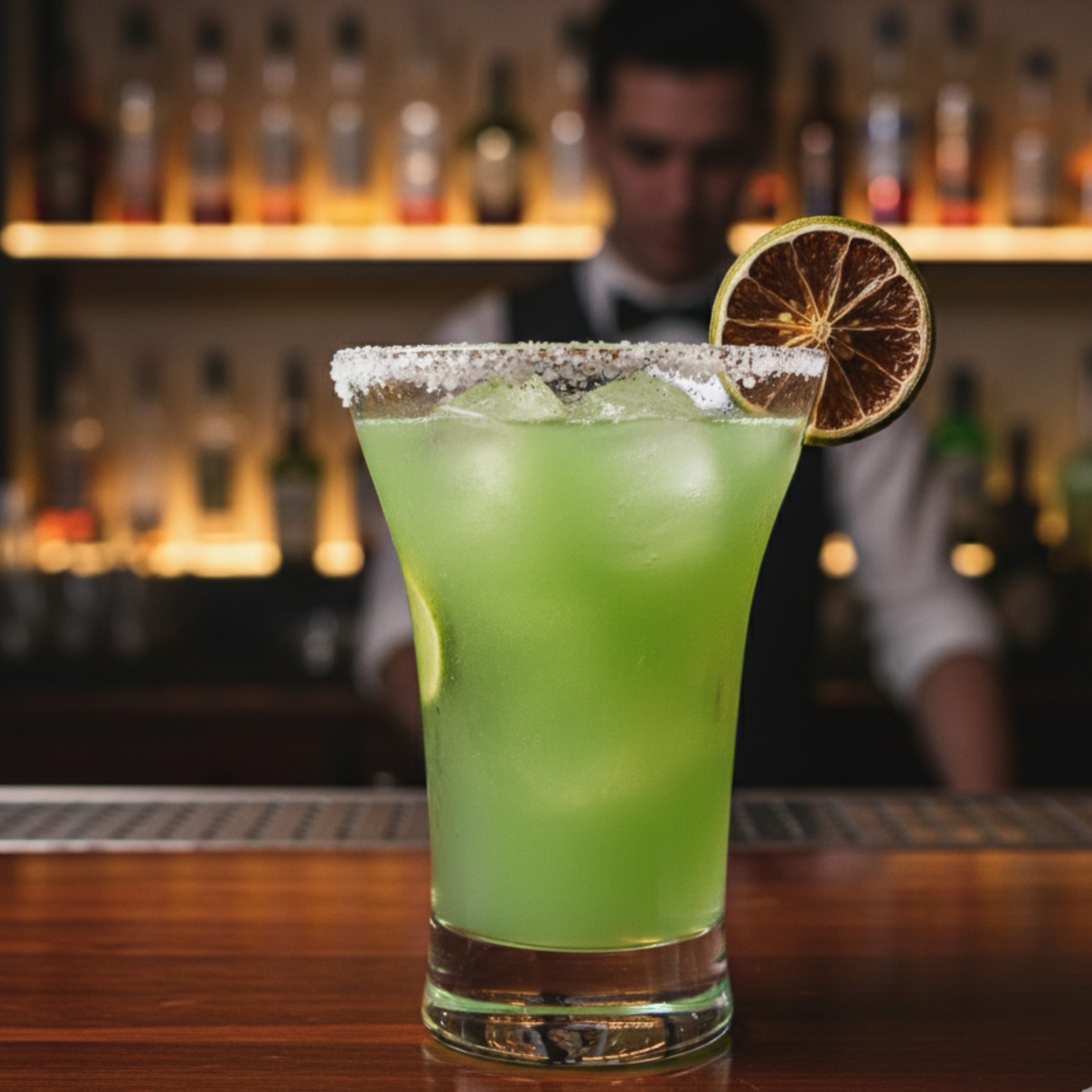 Green cocktail with a dried lime wedge on a bar counter, blurred bar setting in the background. Bar Necessities
