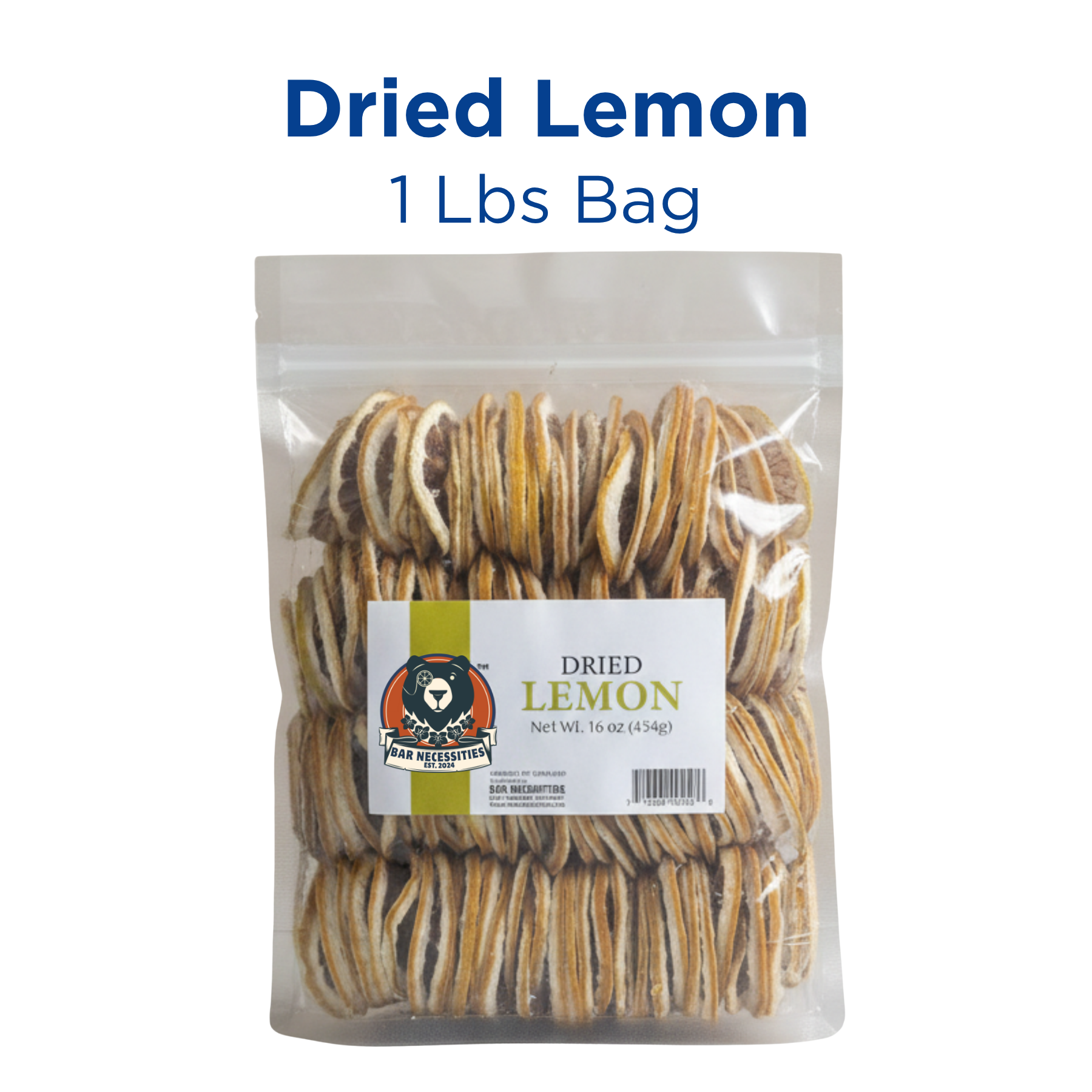 Packaged dried lemons with a label on a white background