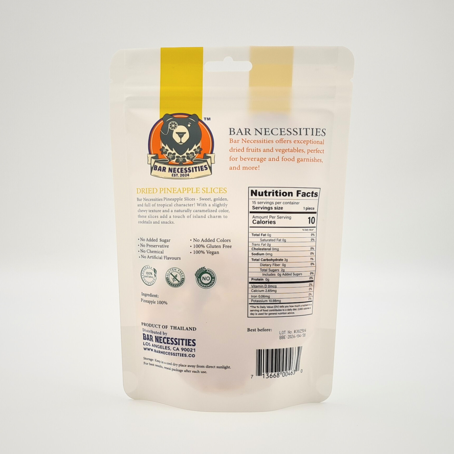 3 resealable bags of artisanal dried pineapple slices made from whole baby pineapples