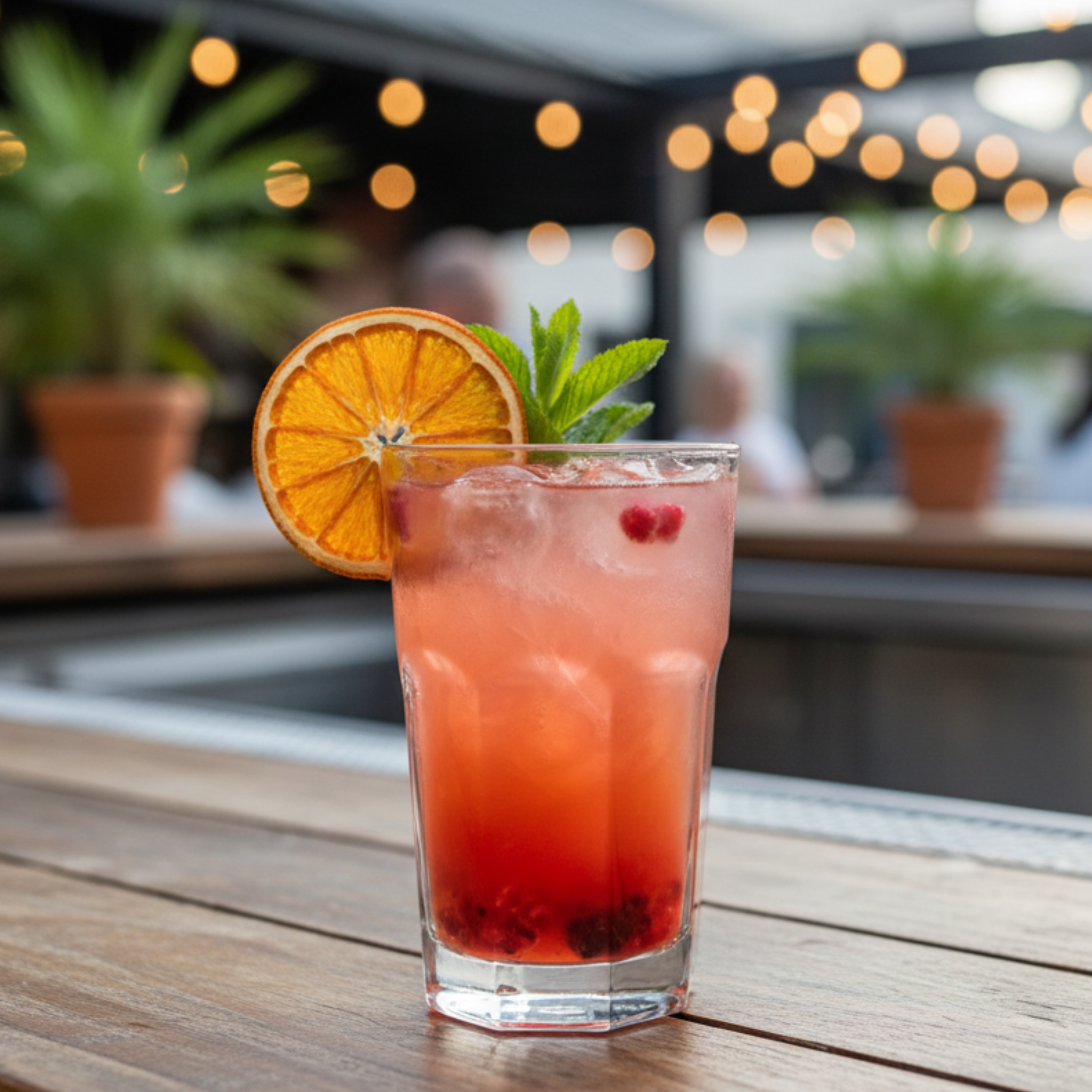 Cocktail with an Dried orange slice and mint leaf on a wooden table with blurred background Bar Necessities