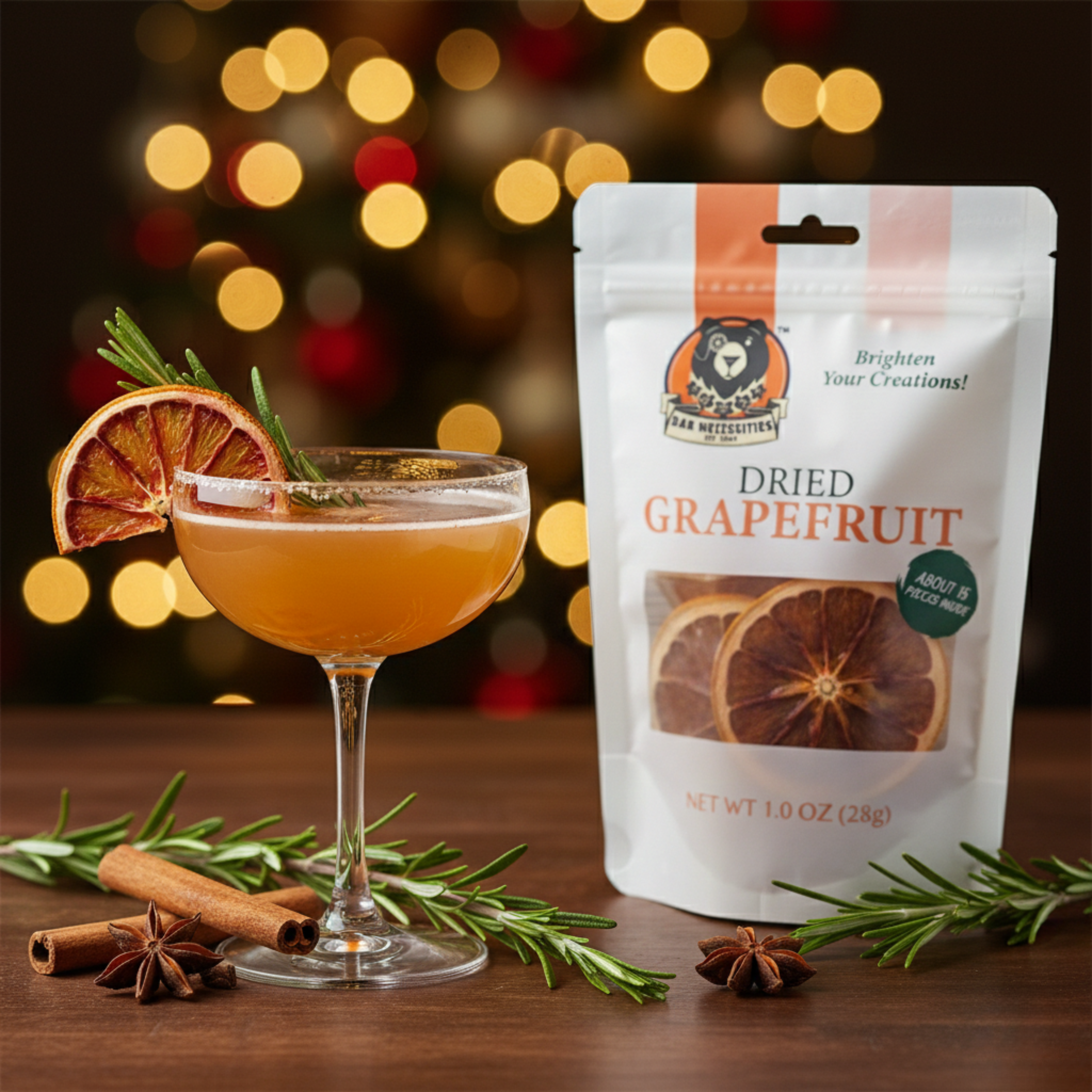 Dried grapefruit package with a cocktail and garnishes on a festive background